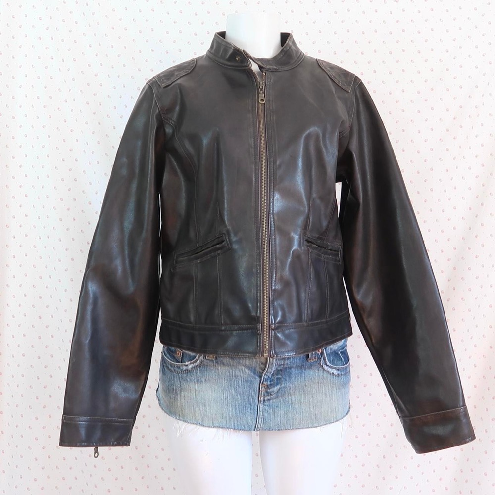 y2k black faux leather zip up jacket